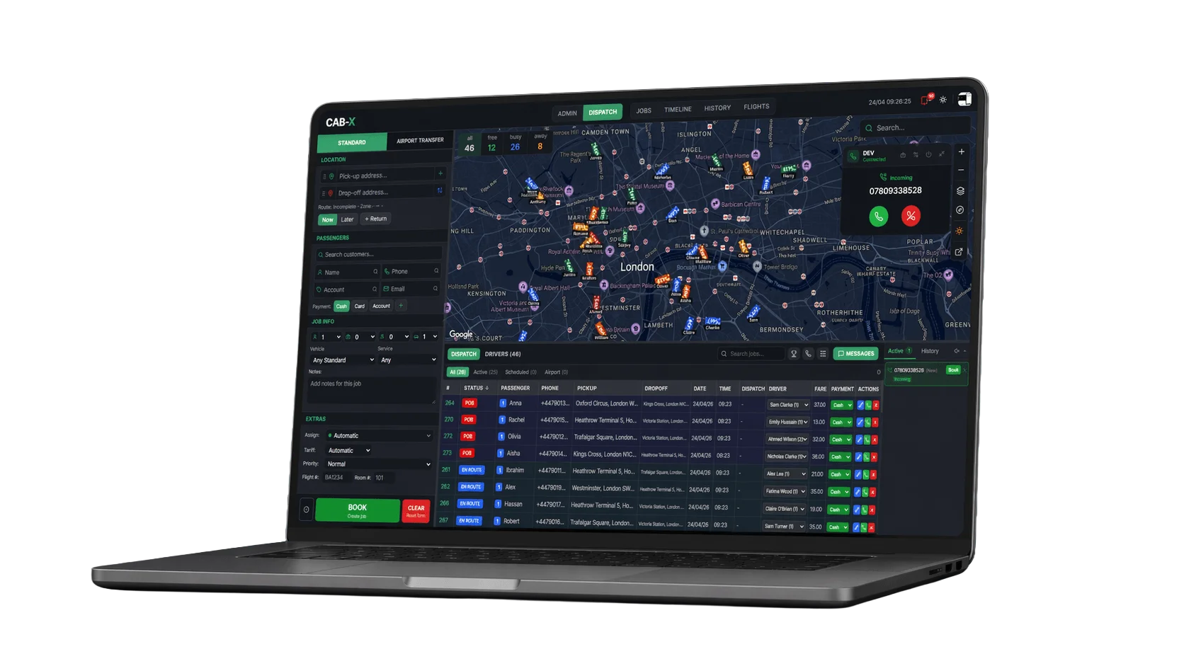 CAB-X taxi dispatch platform shown live on a laptop during a demo