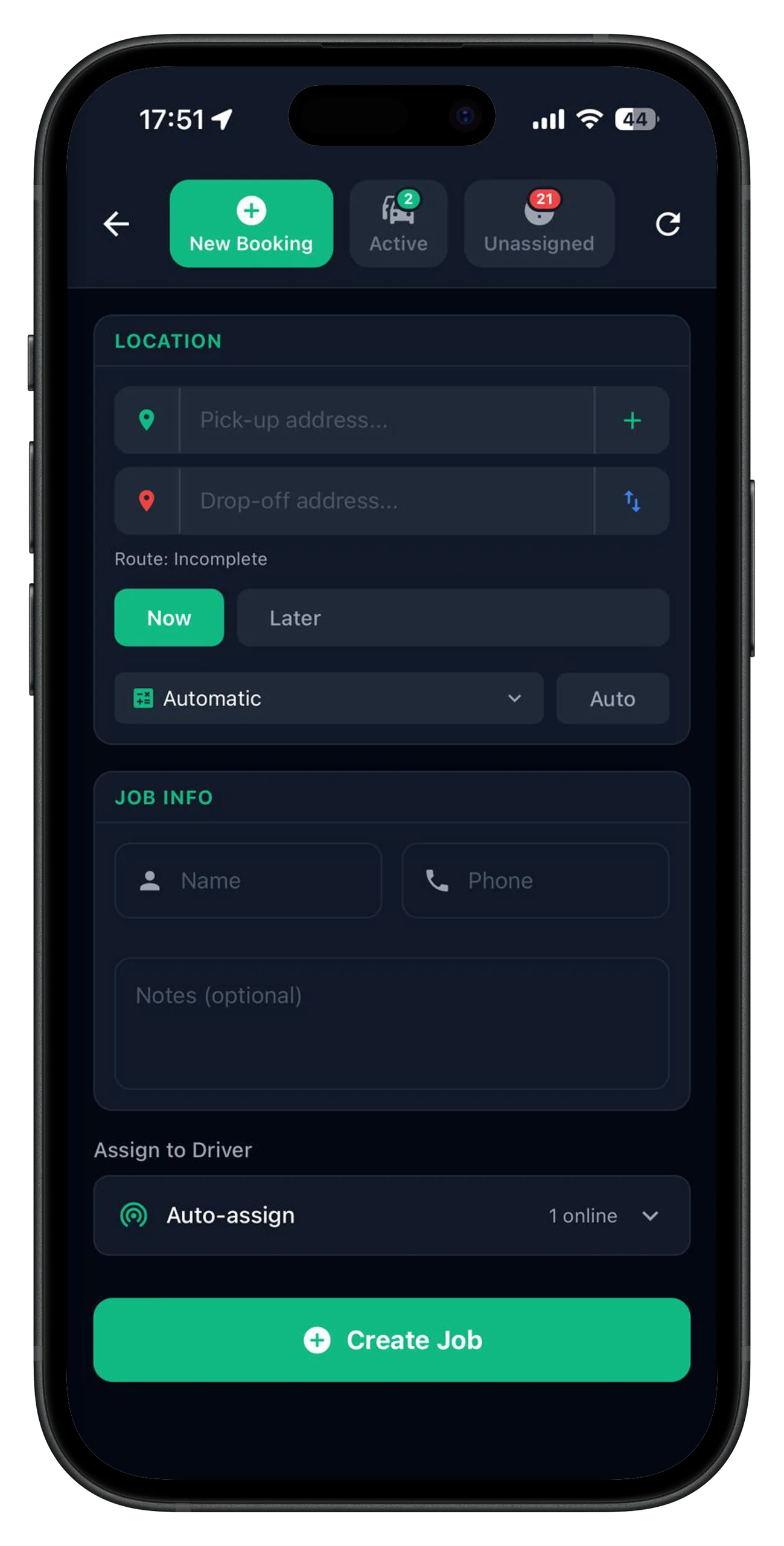 In-app dispatch for creating bookings