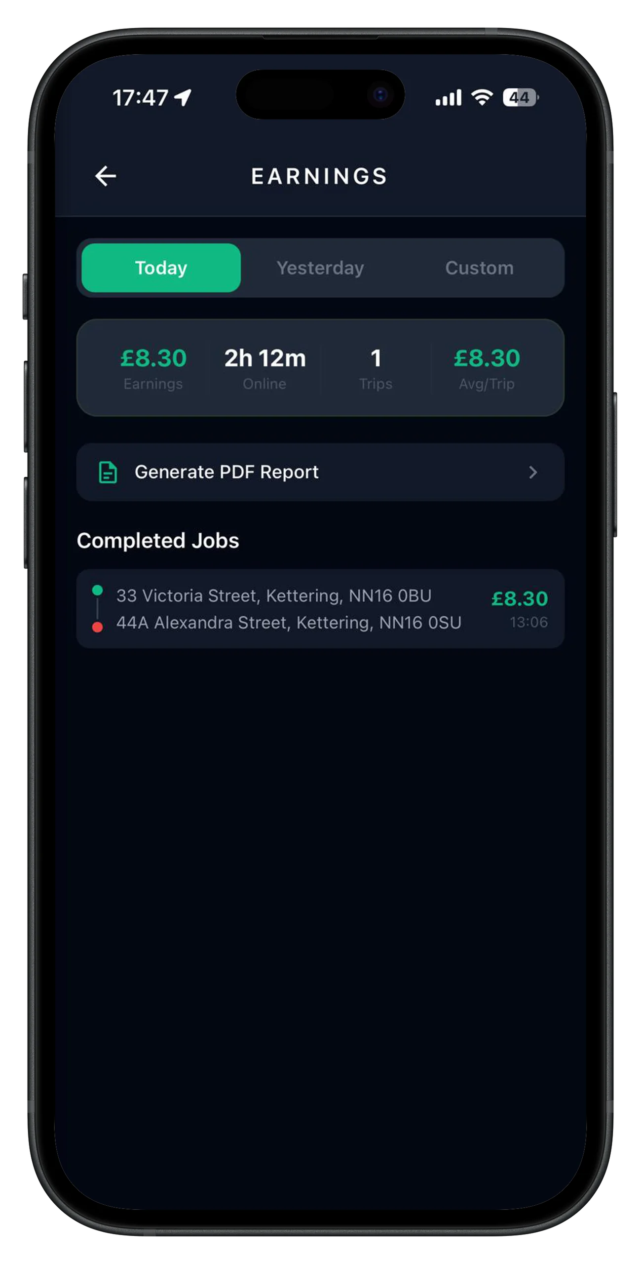 Earnings dashboard with daily breakdown