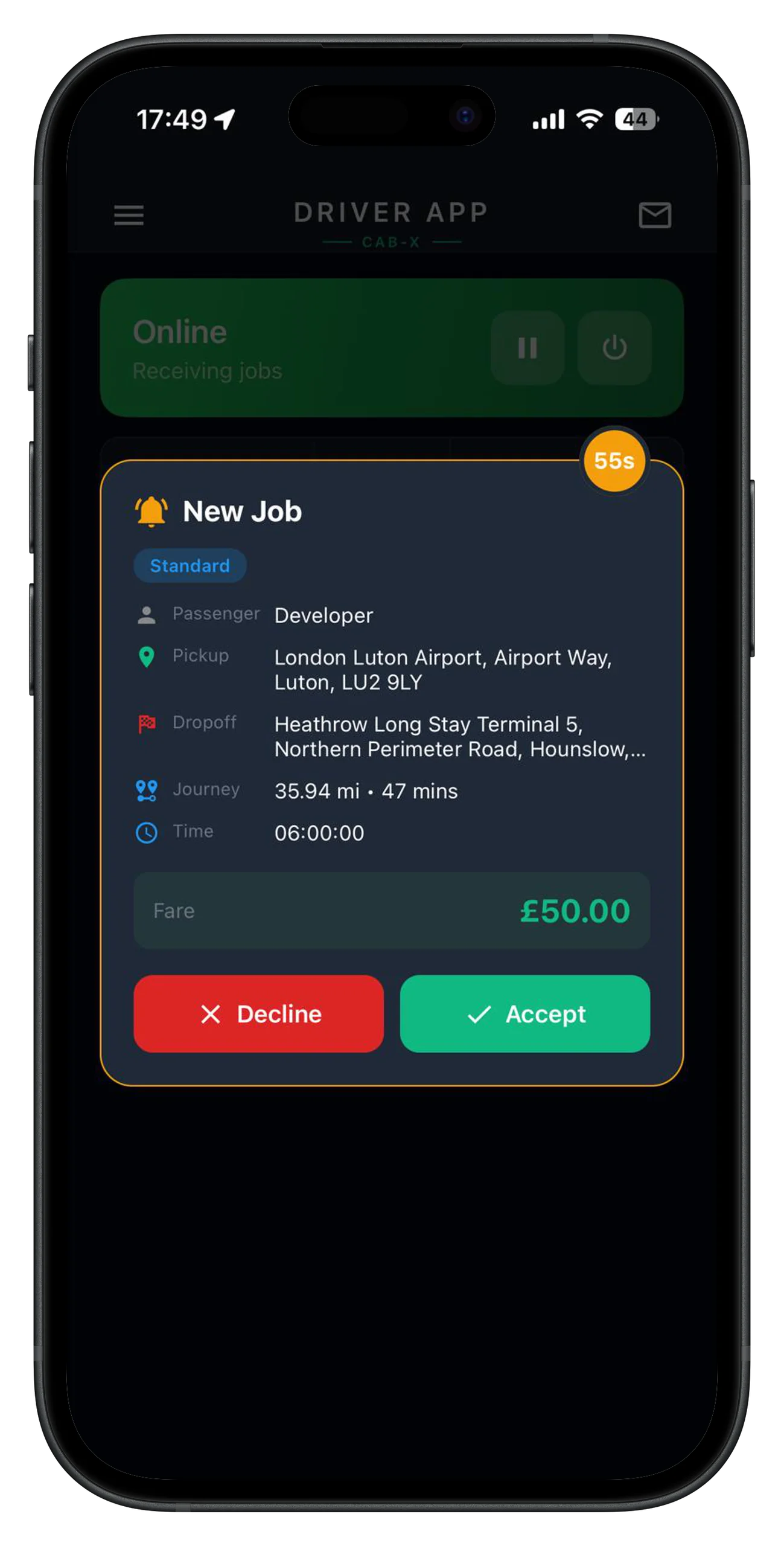 New job alert with accept and decline buttons