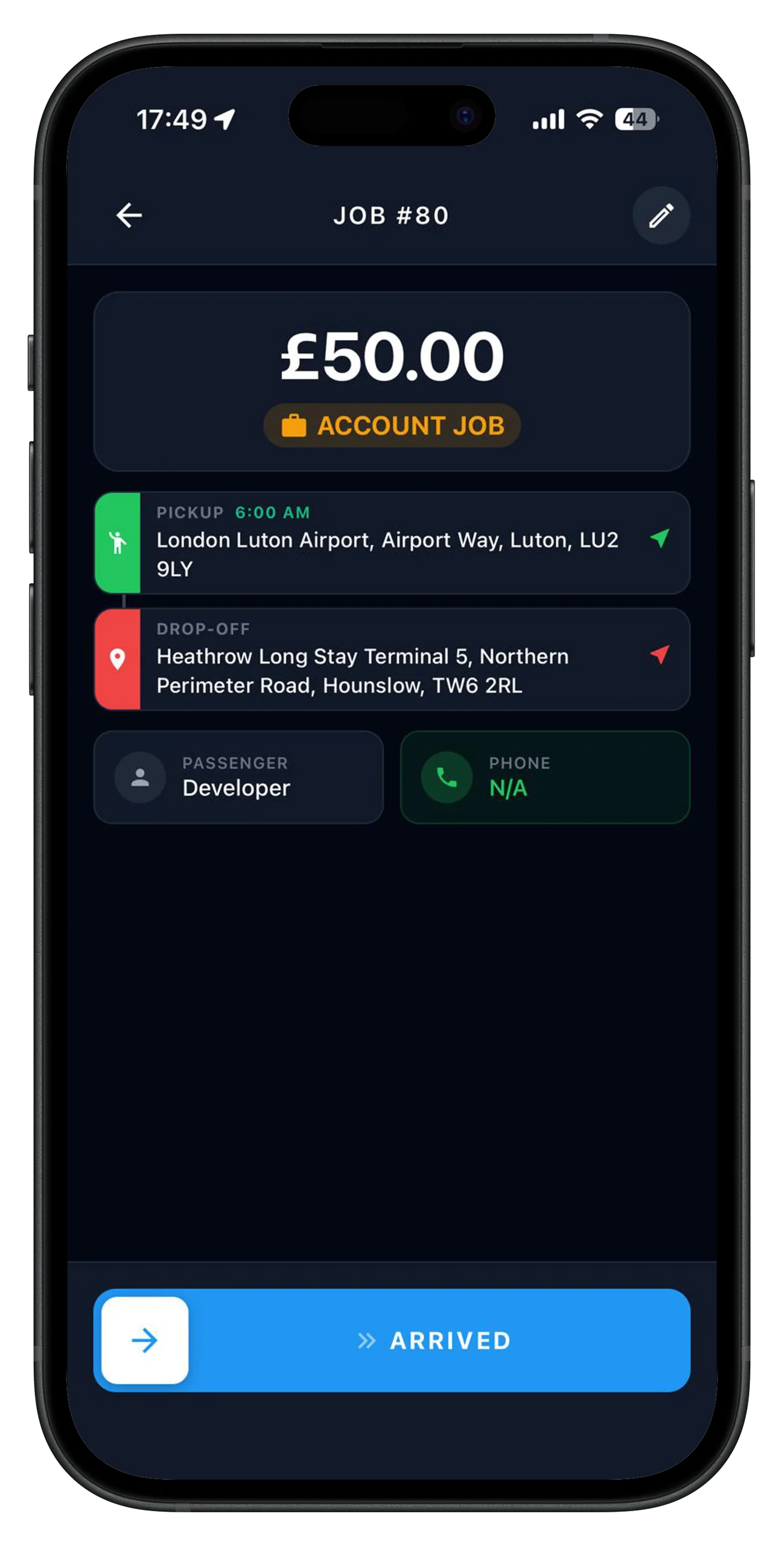 Active job details with pickup and drop-off
