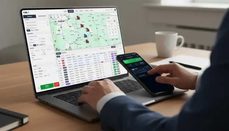 CAB-X taxi dispatch software working on laptop and phone for UK private hire operators