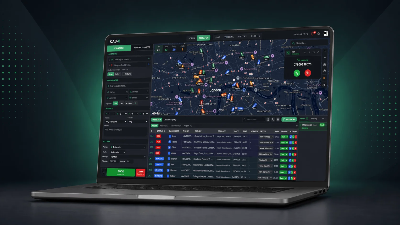 CAB-X dispatch portal in dark mode showing the live fleet map and booking queue