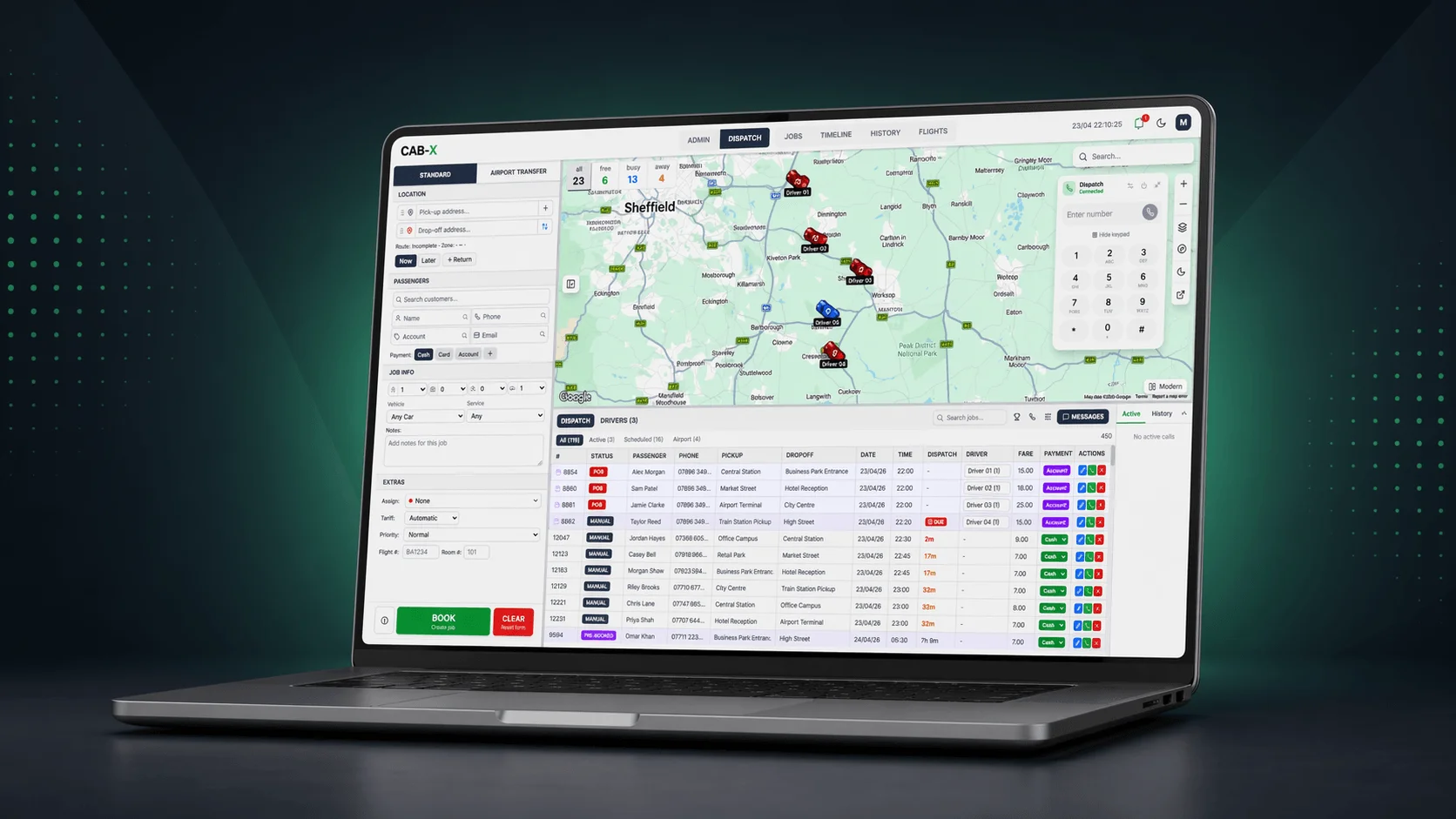 CAB-X dispatch portal with live fleet map and booking queue