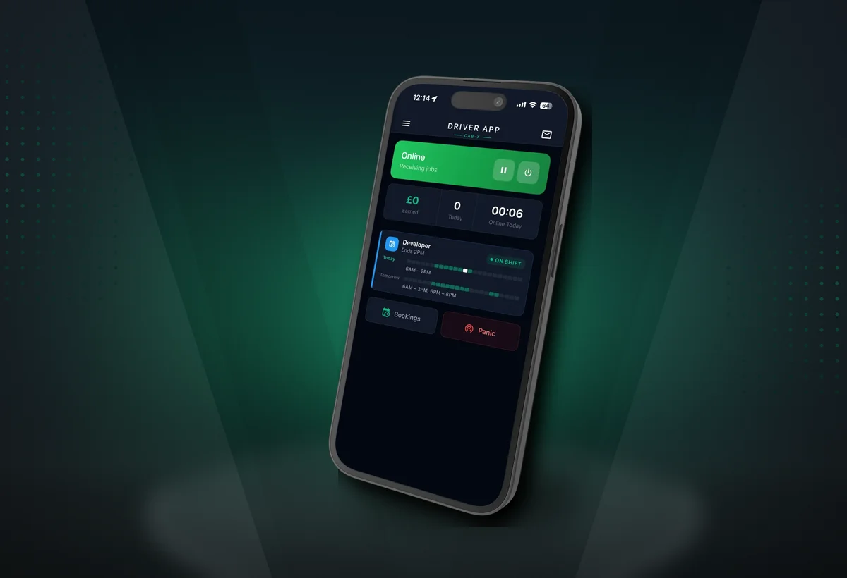 Screenshot of the CAB-X driver app dashboard for UK private hire drivers