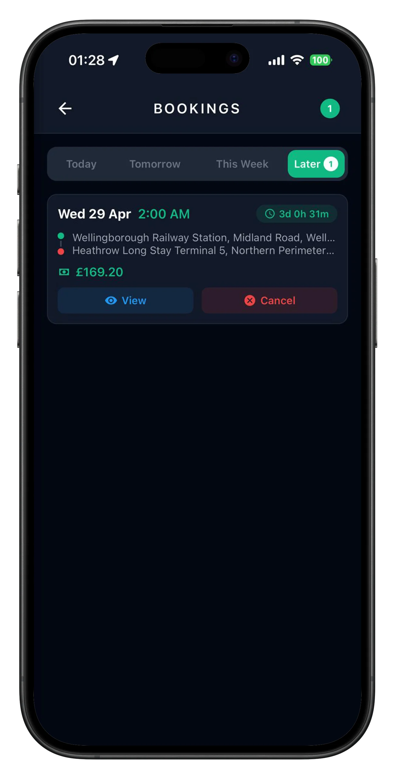 CAB-X driver app advance bookings list with pickup, drop-off and fare