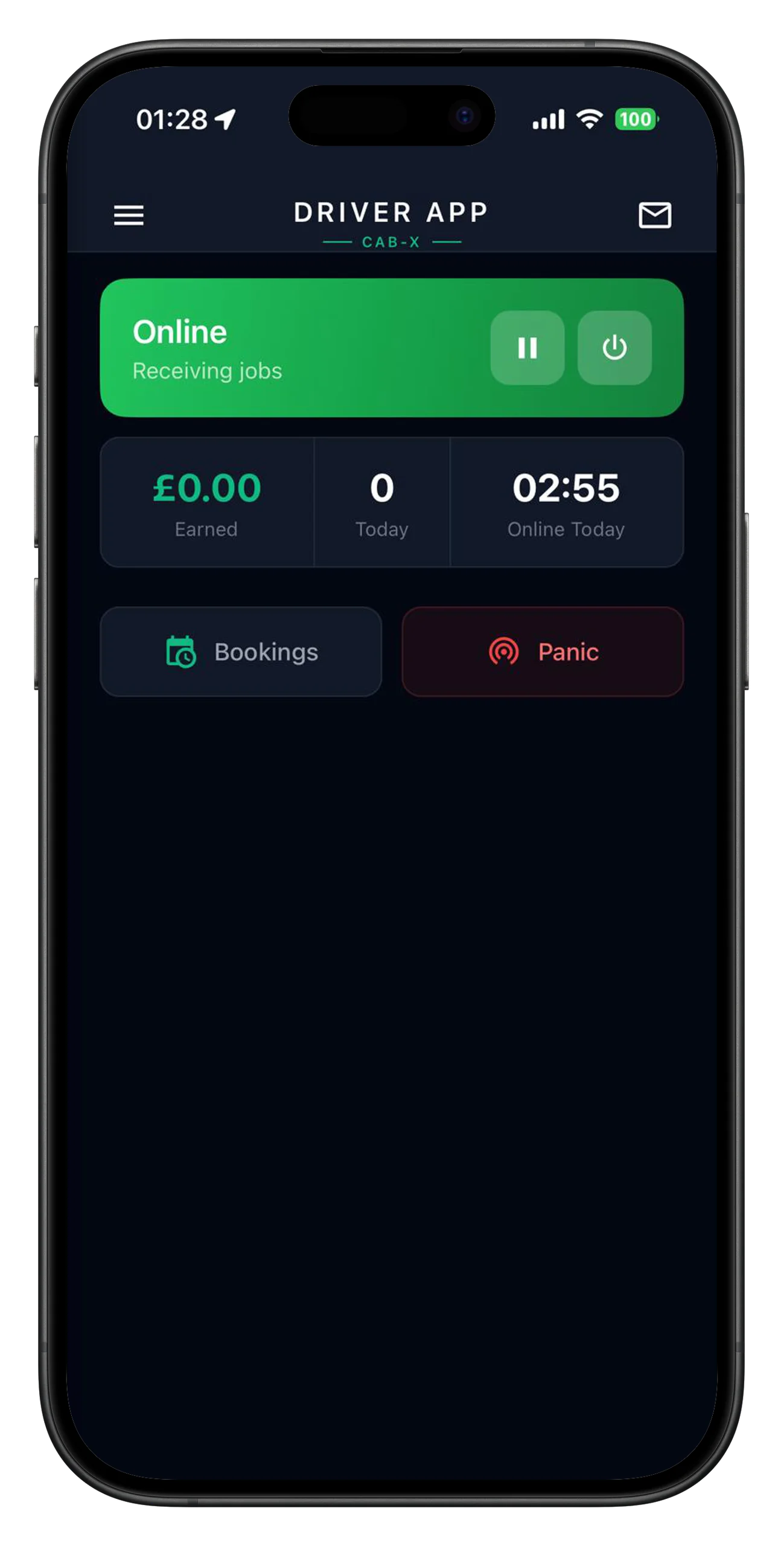CAB-X taxi driver app dashboard with online status and earnings