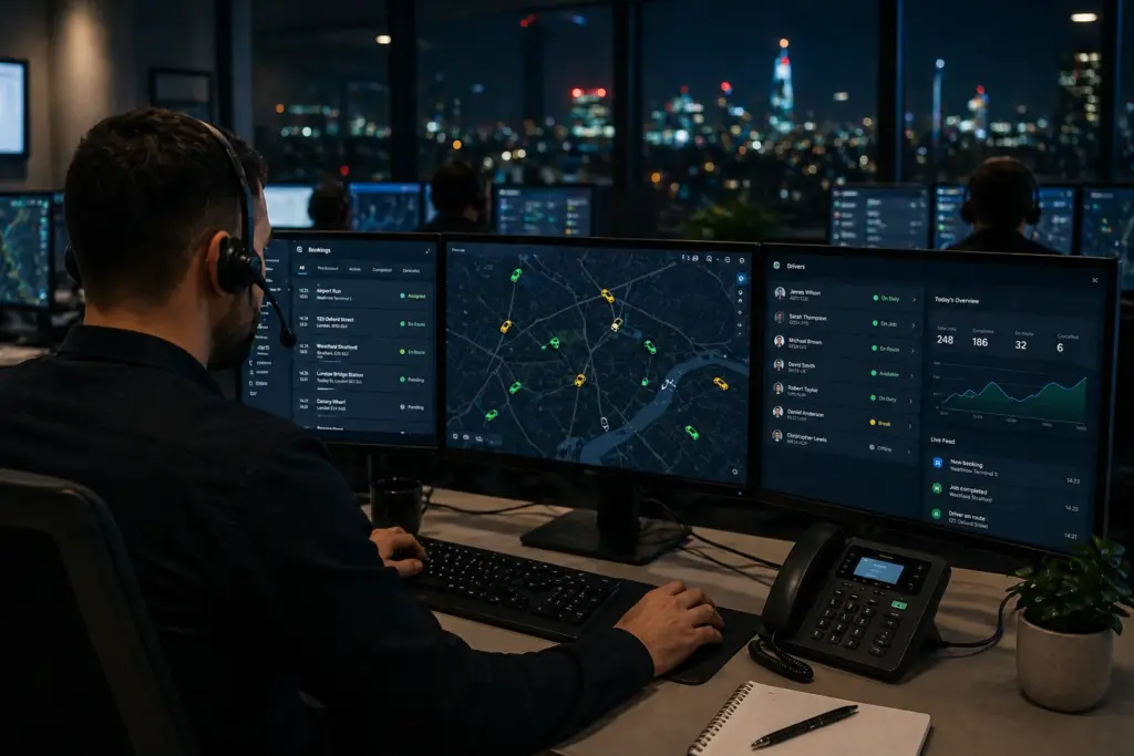 Taxi dispatch software control room showing live bookings, driver status, and fleet map