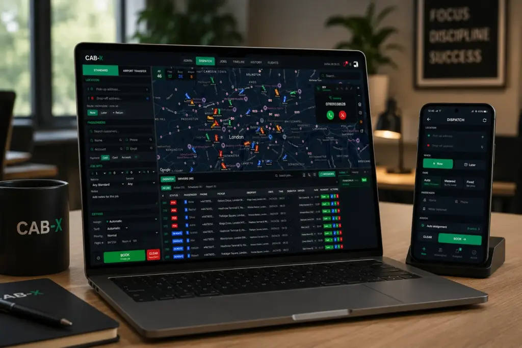 CAB-X taxi dispatch software running on a laptop and mobile dispatch app on an office desk
