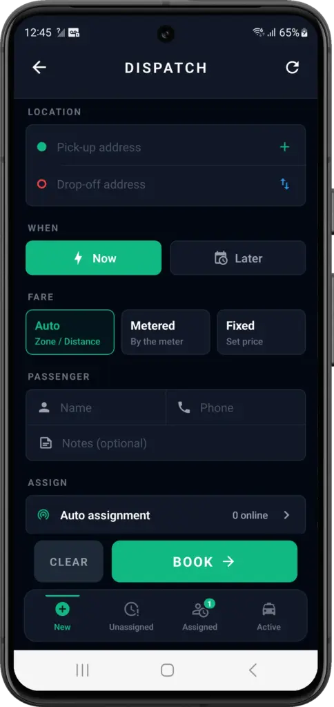 CAB-X taxi dispatch system running on a mobile phone